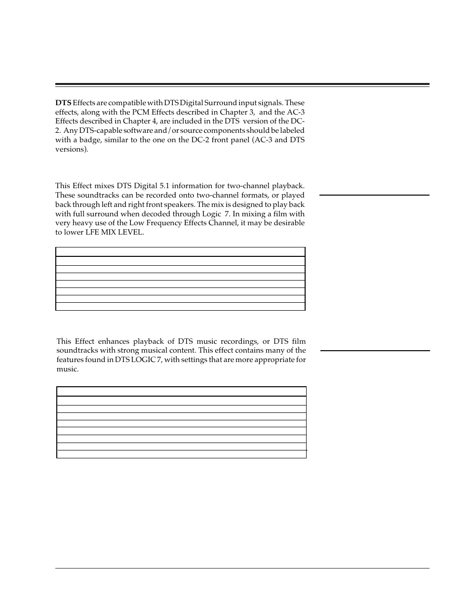 Dts effects and parameters, Dts 2-channel, Dts music | Lexicon DC-2 User Manual | Page 59 / 67