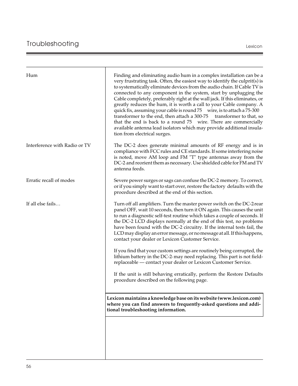 Troubleshooting | Lexicon DC-2 User Manual | Page 64 / 67