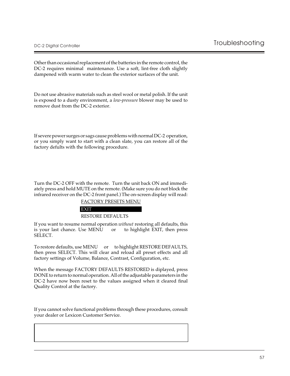 Routine maintenance, Restoring defaults, Troubleshooting | Lexicon DC-2 User Manual | Page 65 / 67