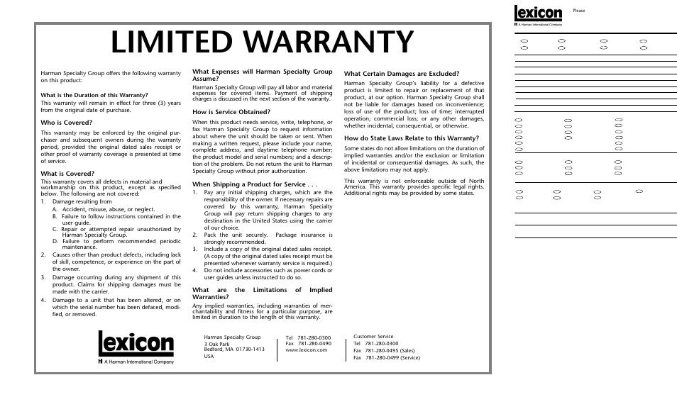 Limited warranty | Lexicon RV-8 User Manual | Page 261 / 262