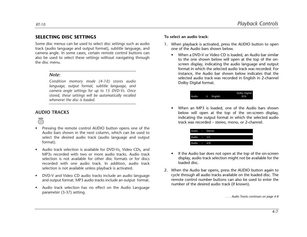 Playback controls, Selecting disc settings, Audio tracks | Lexicon RT-10 User Manual | Page 100 / 172