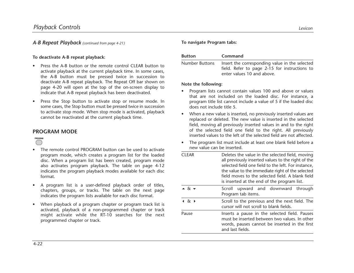 Playback controls | Lexicon RT-10 User Manual | Page 115 / 172