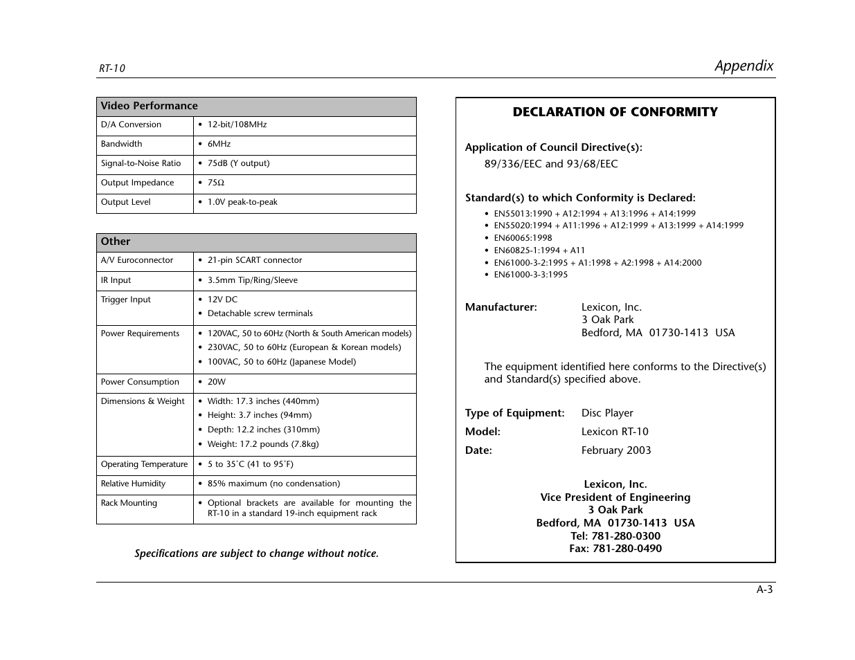 Appendix, Declaration of conformity | Lexicon RT-10 User Manual | Page 148 / 172