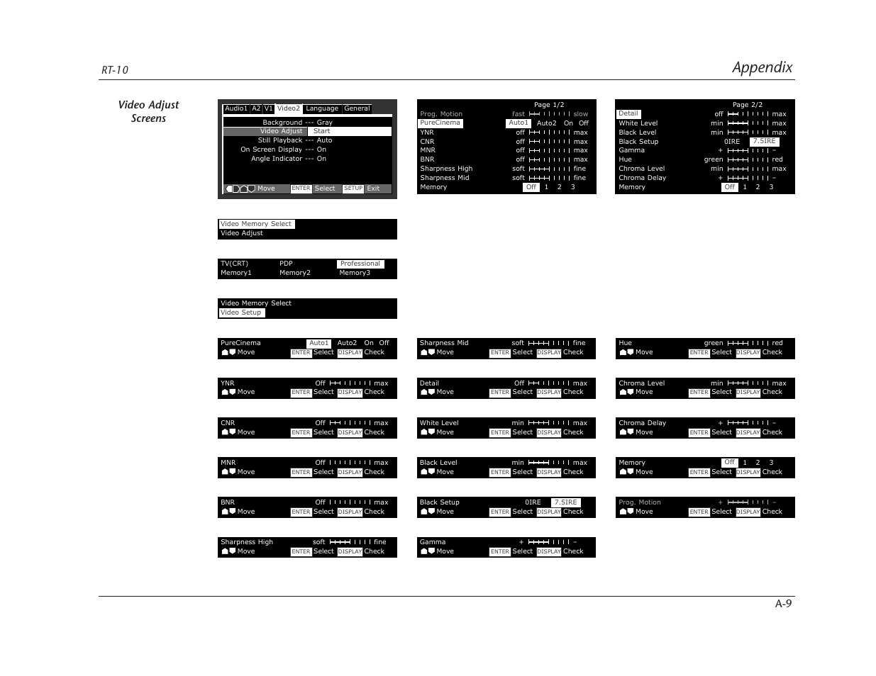 Appendix, Rt-10 a-9 video adjust screens | Lexicon RT-10 User Manual | Page 154 / 172