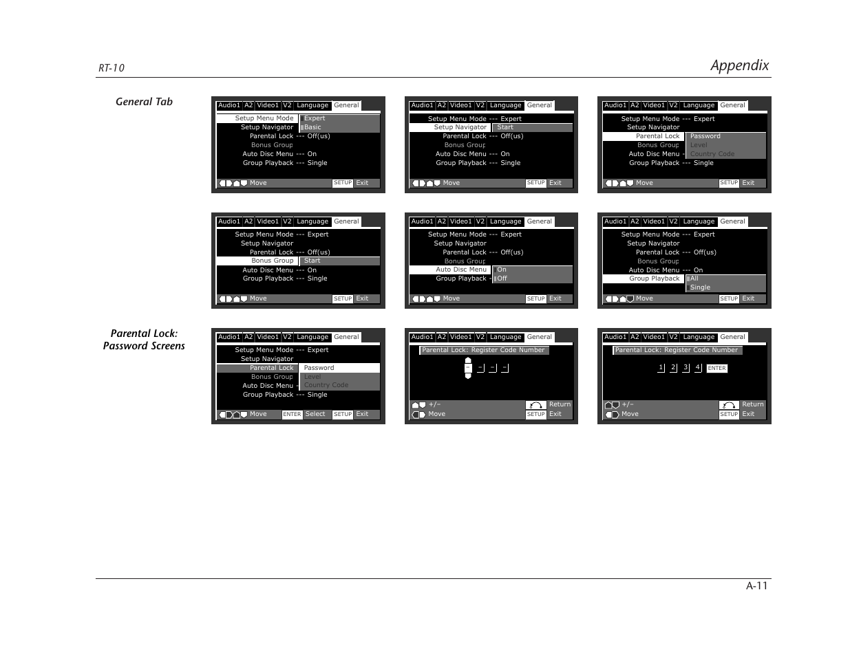 Appendix, Rt-10 a-11 general tab, Parental lock: password screens | Lexicon RT-10 User Manual | Page 156 / 172