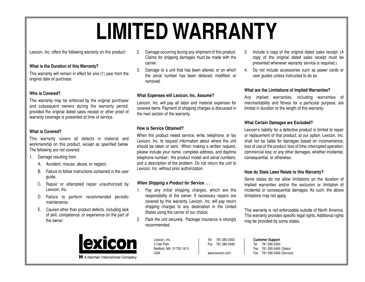 Limited warranty | Lexicon RT-10 User Manual | Page 171 / 172