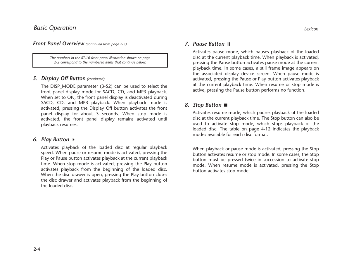 Basic operation | Lexicon RT-10 User Manual | Page 26 / 172
