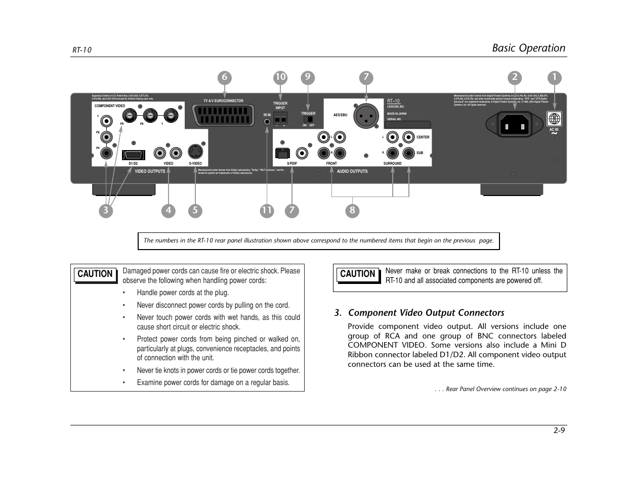 Basic operation, Caution, Component video output connectors | Lexicon RT-10 User Manual | Page 31 / 172