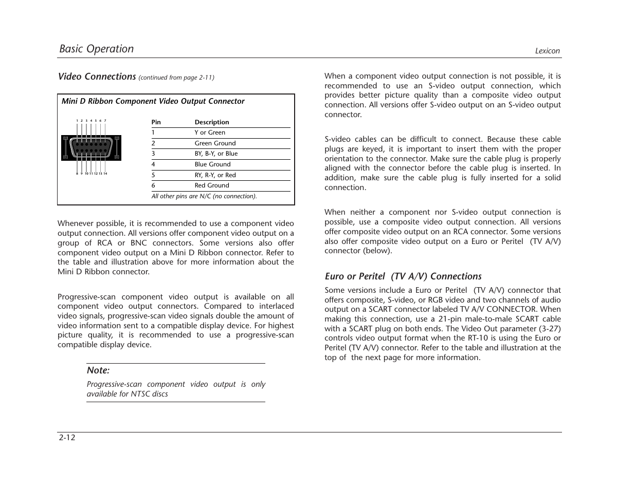 Basic operation, Video connections, Euro or peritel (tv a/v) connections | Lexicon RT-10 User Manual | Page 34 / 172