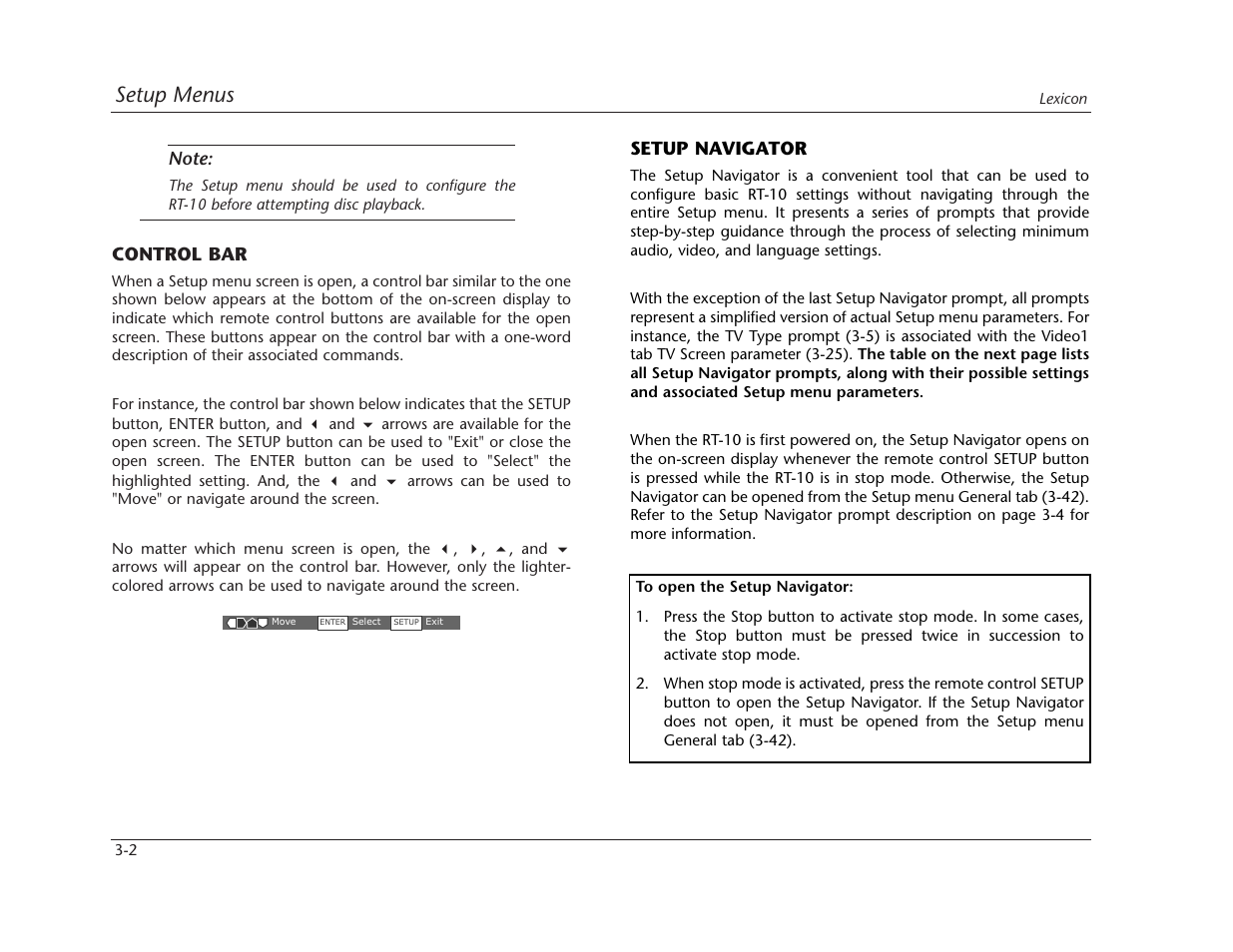 Setup menus | Lexicon RT-10 User Manual | Page 42 / 172