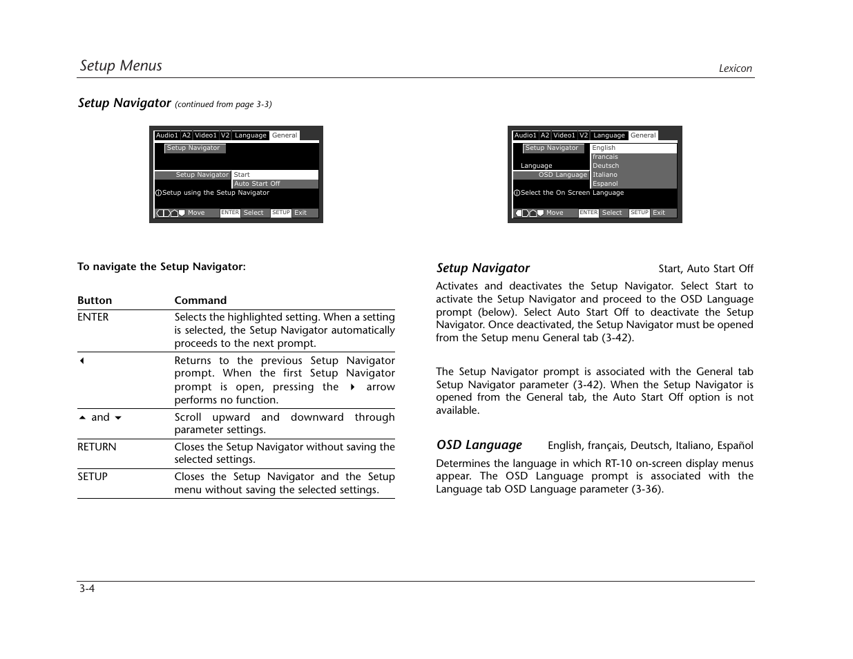 Setup menus, Setup navigator, Osd language | Lexicon RT-10 User Manual | Page 44 / 172