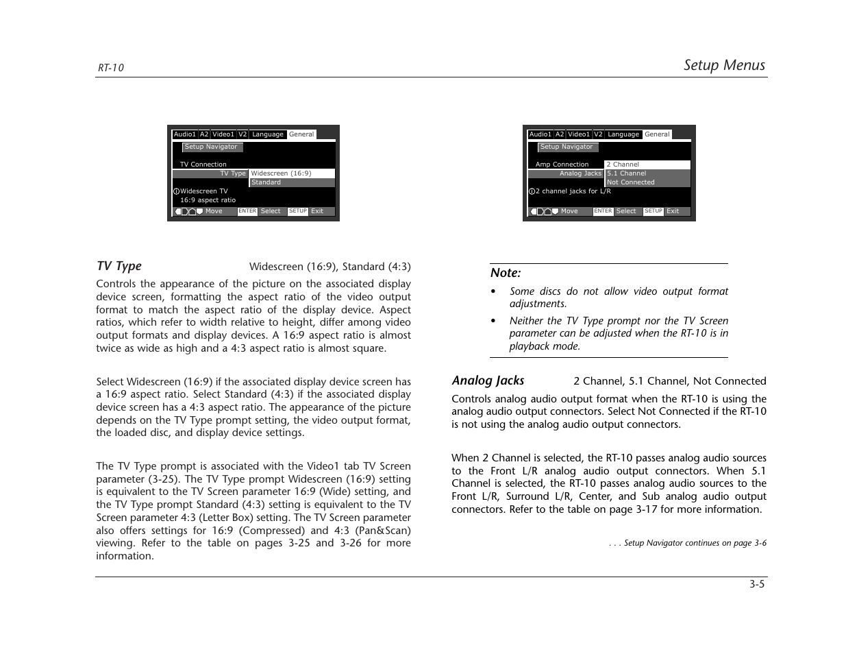 Setup menus, Tv type, Analog jacks | Lexicon RT-10 User Manual | Page 45 / 172
