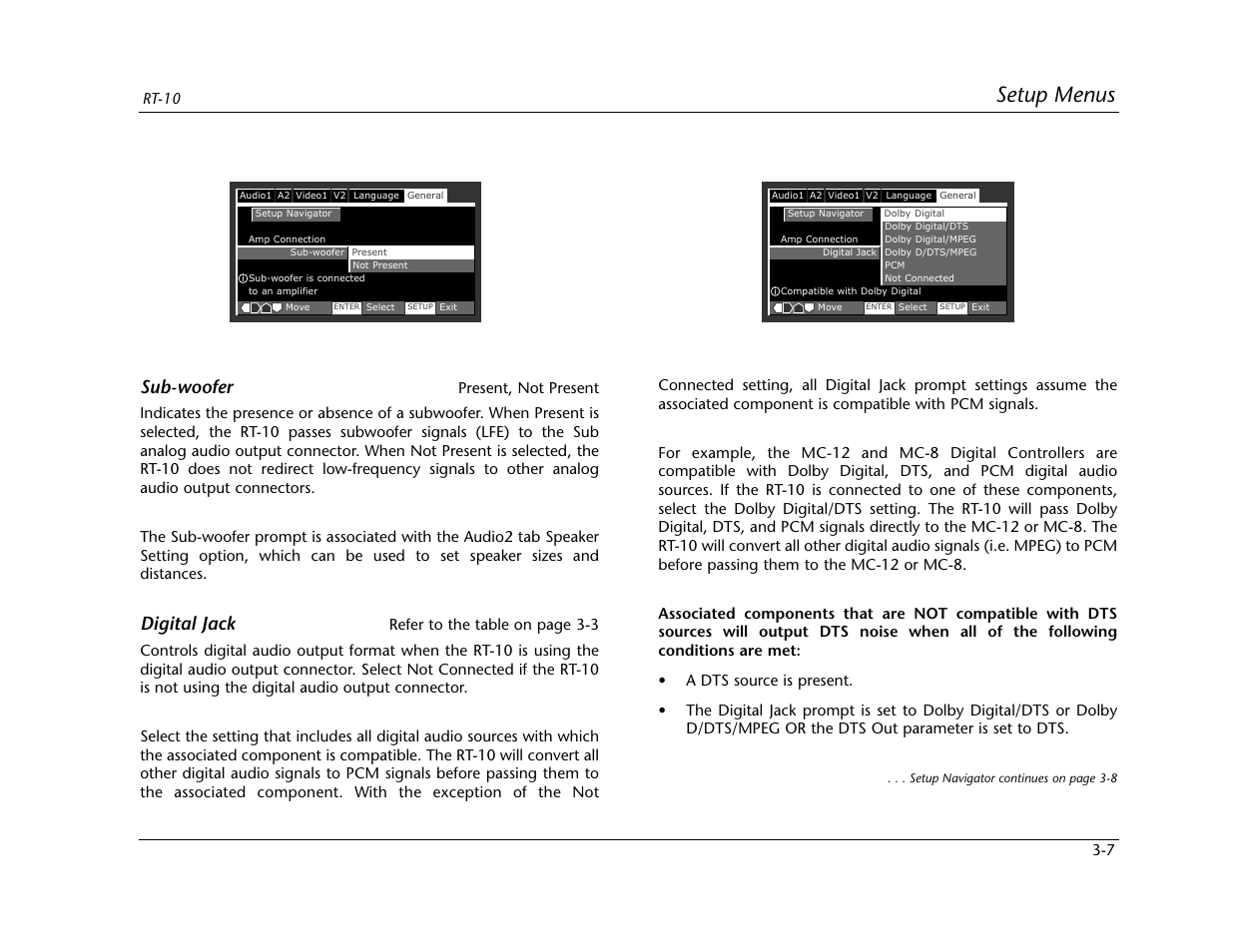 Setup menus, Sub-woofer, Digital jack | Lexicon RT-10 User Manual | Page 47 / 172