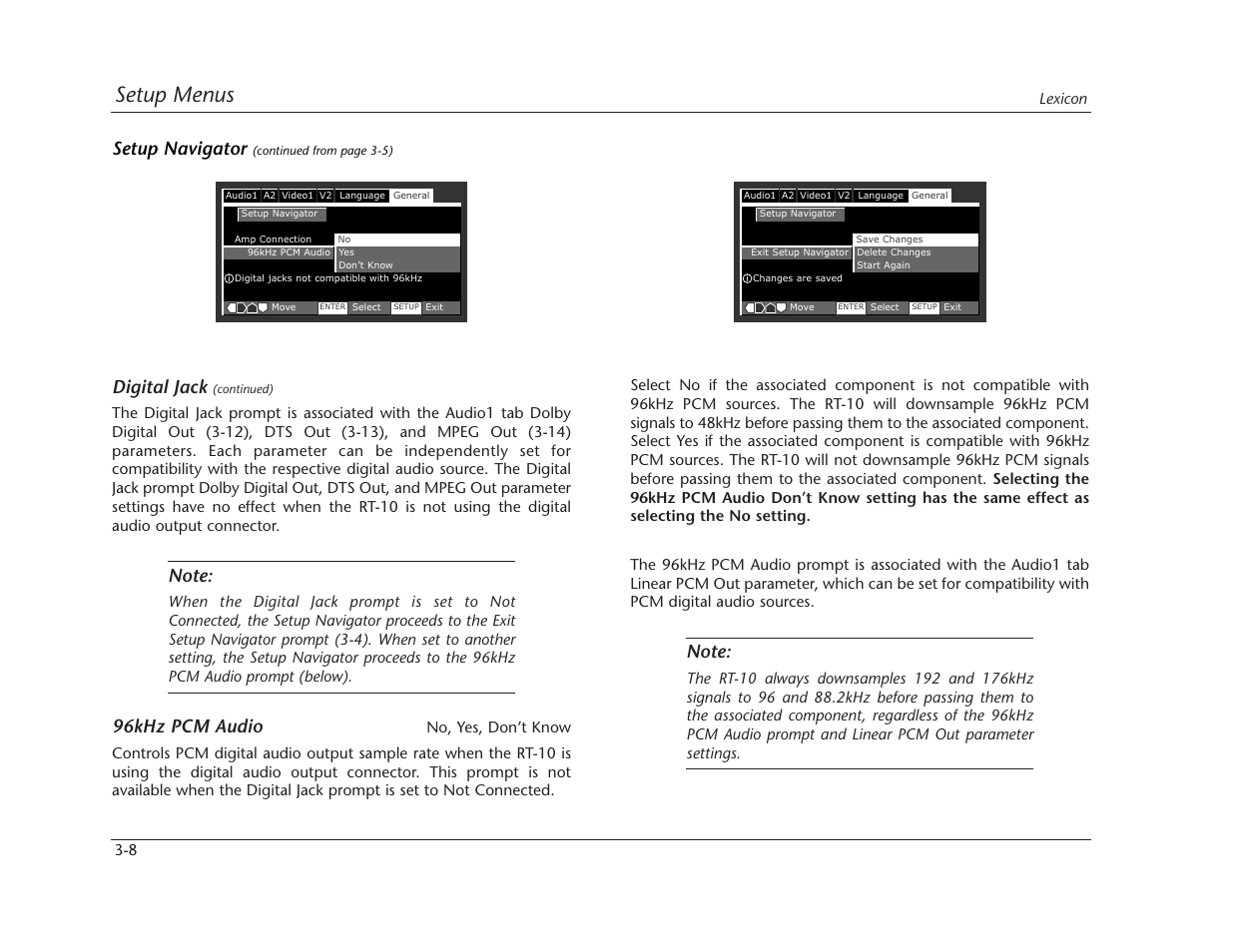 Setup menus, Digital jack, 96khz pcm audio | Setup navigator | Lexicon RT-10 User Manual | Page 48 / 172