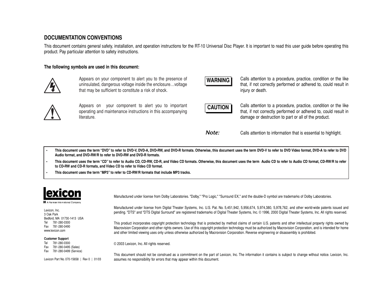 Warning caution, Documentation conventions | Lexicon RT-10 User Manual | Page 5 / 172