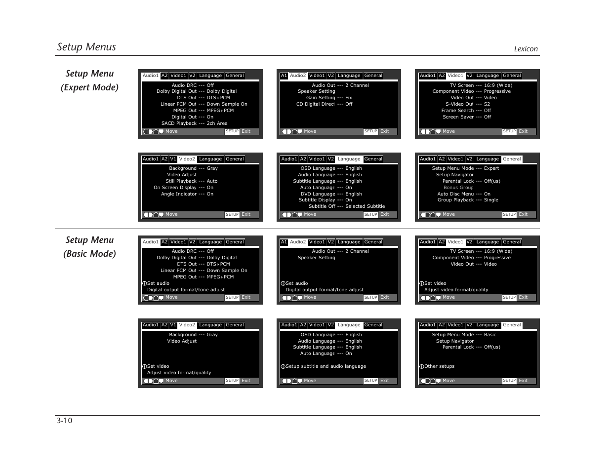 Setup menus, Setup menu (expert mode) setup menu (basic mode), Lexicon 3-10 | Lexicon RT-10 User Manual | Page 50 / 172