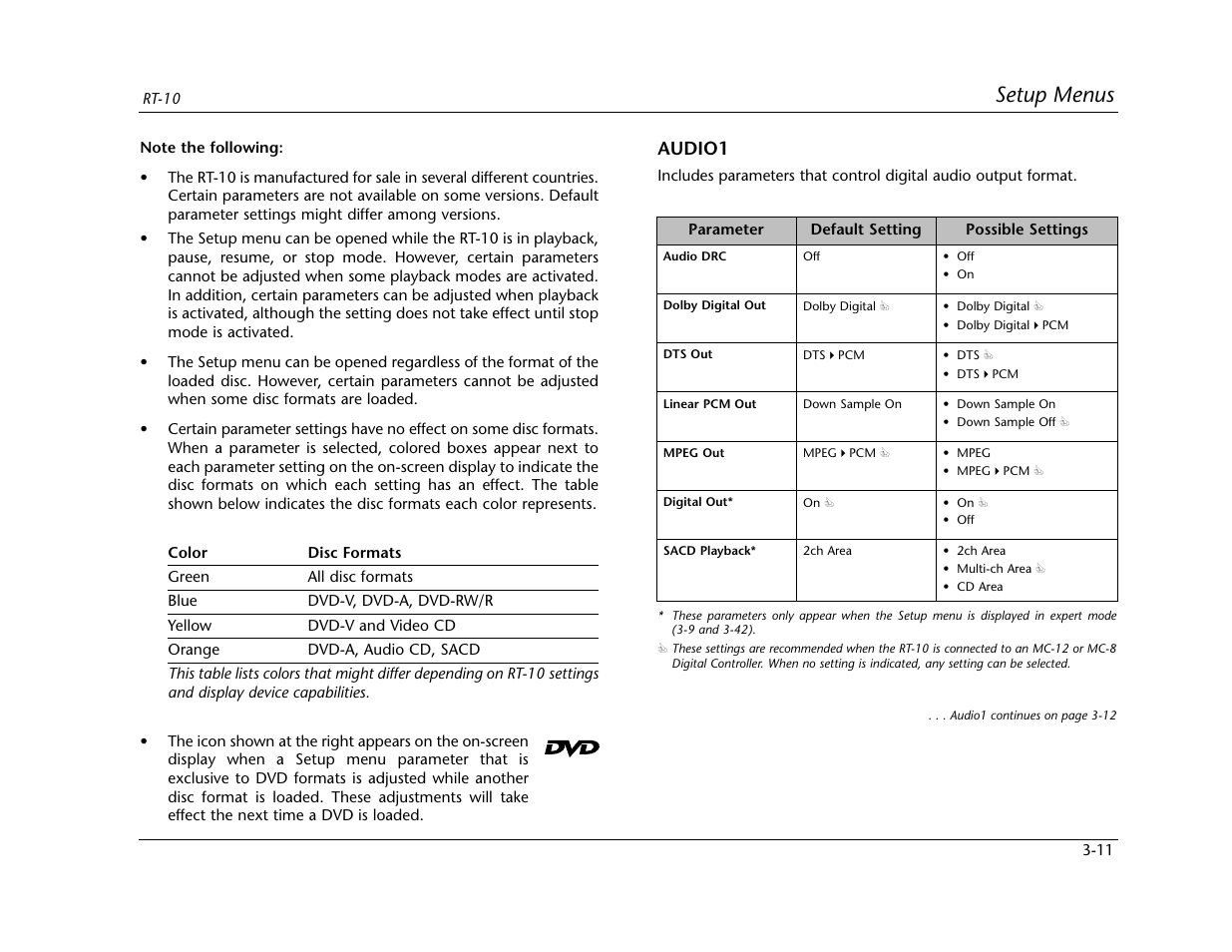 Setup menus, Audio1 | Lexicon RT-10 User Manual | Page 51 / 172