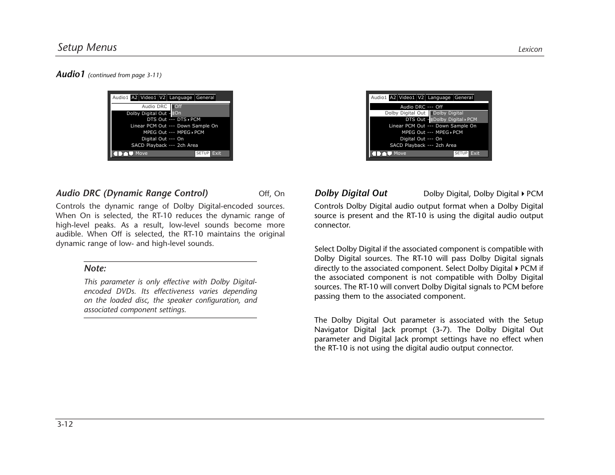 Setup menus, Audio drc (dynamic range control), Dolby digital out | Audio1 | Lexicon RT-10 User Manual | Page 52 / 172