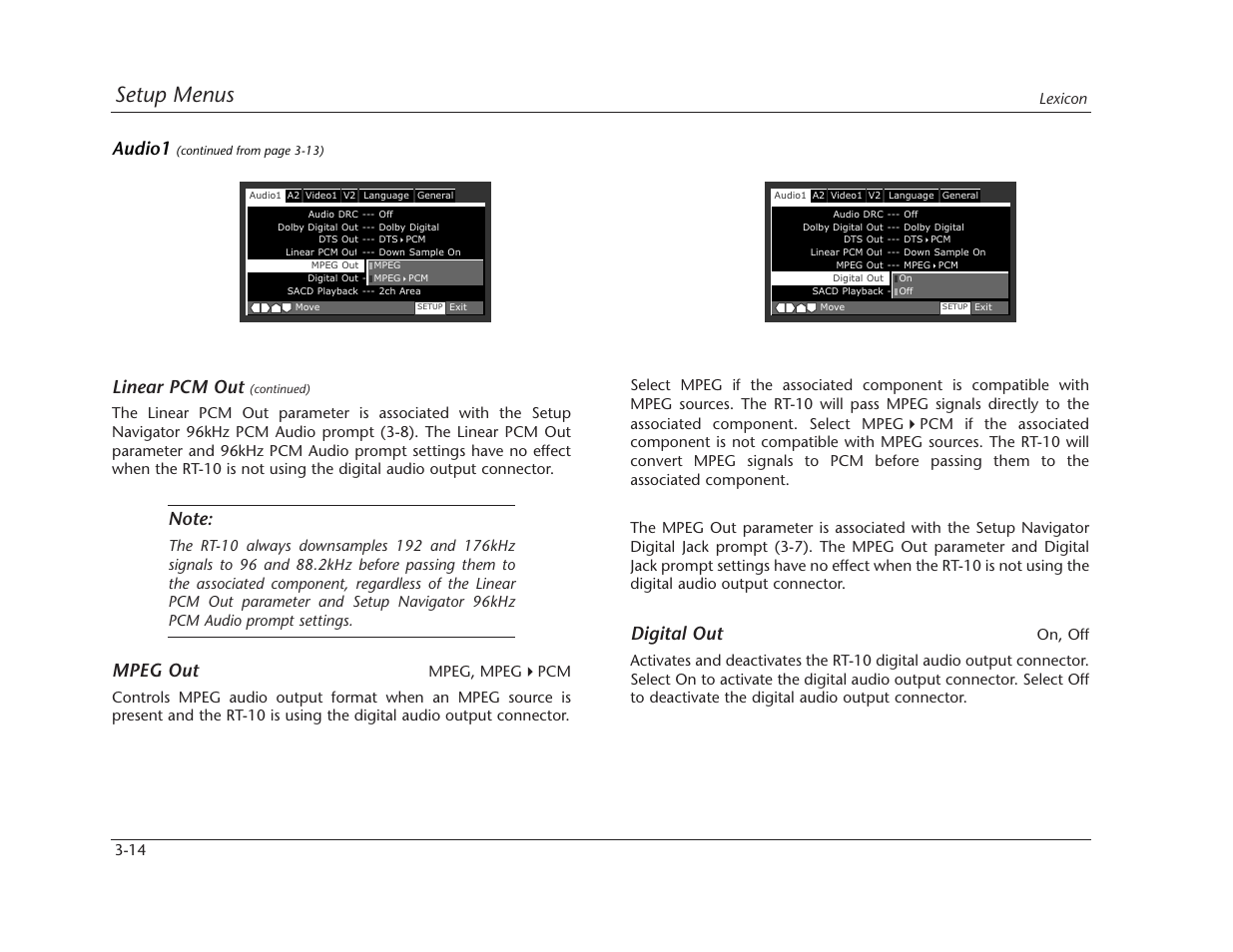 Setup menus, Digital out, Linear pcm out | Mpeg out, Audio1 | Lexicon RT-10 User Manual | Page 54 / 172