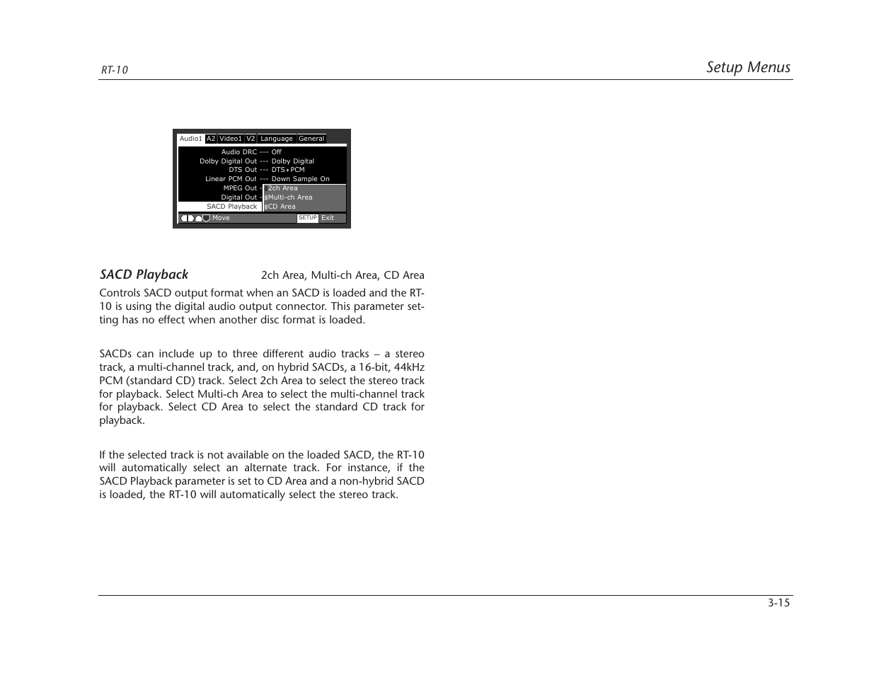 Setup menus, Sacd playback | Lexicon RT-10 User Manual | Page 55 / 172