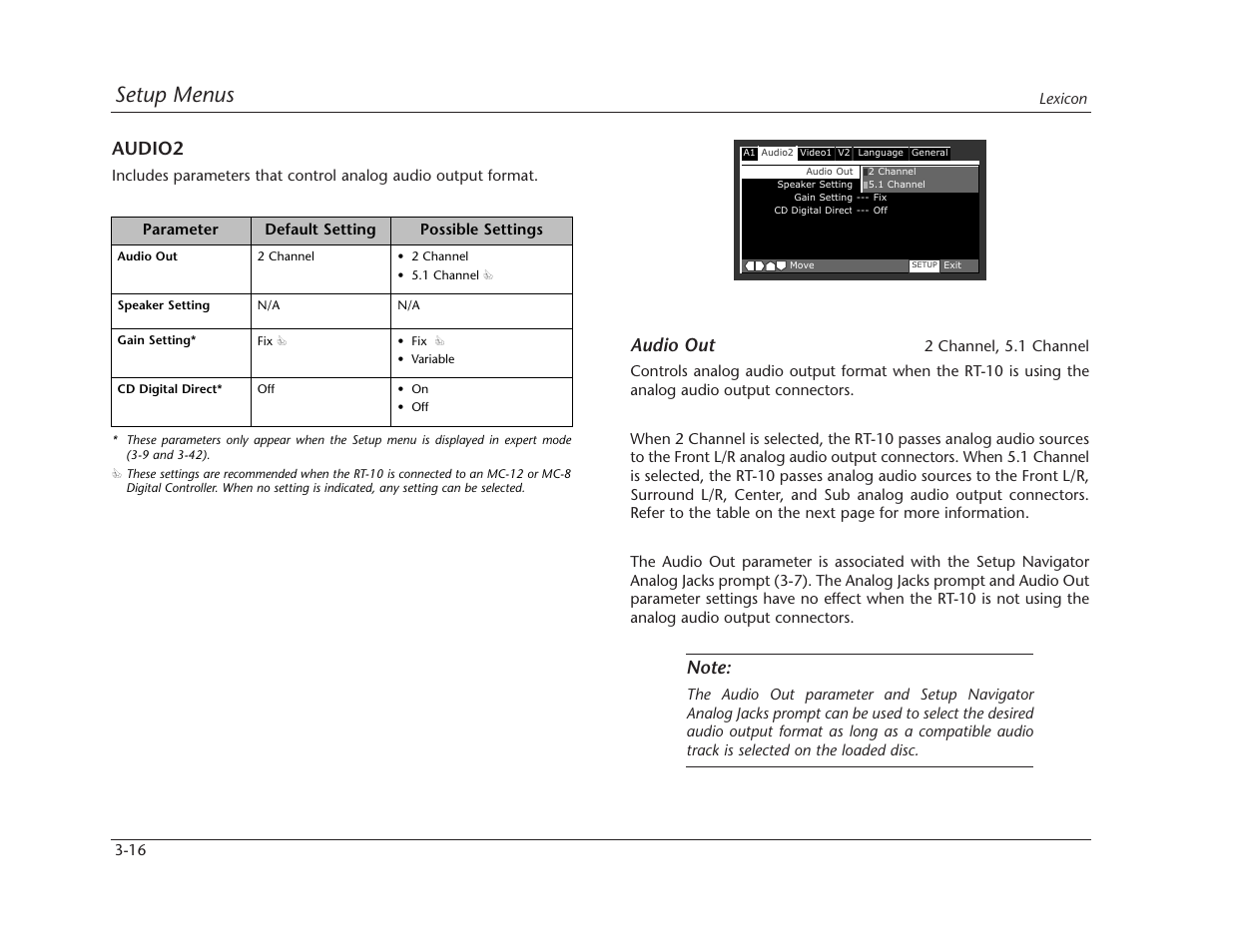 Setup menus, Audio out, Audio2 | Lexicon RT-10 User Manual | Page 56 / 172