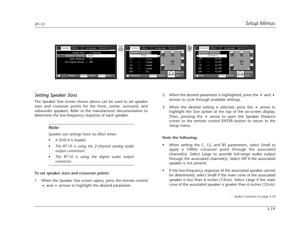Setup menus, Setting speaker sizes | Lexicon RT-10 User Manual | Page 59 / 172