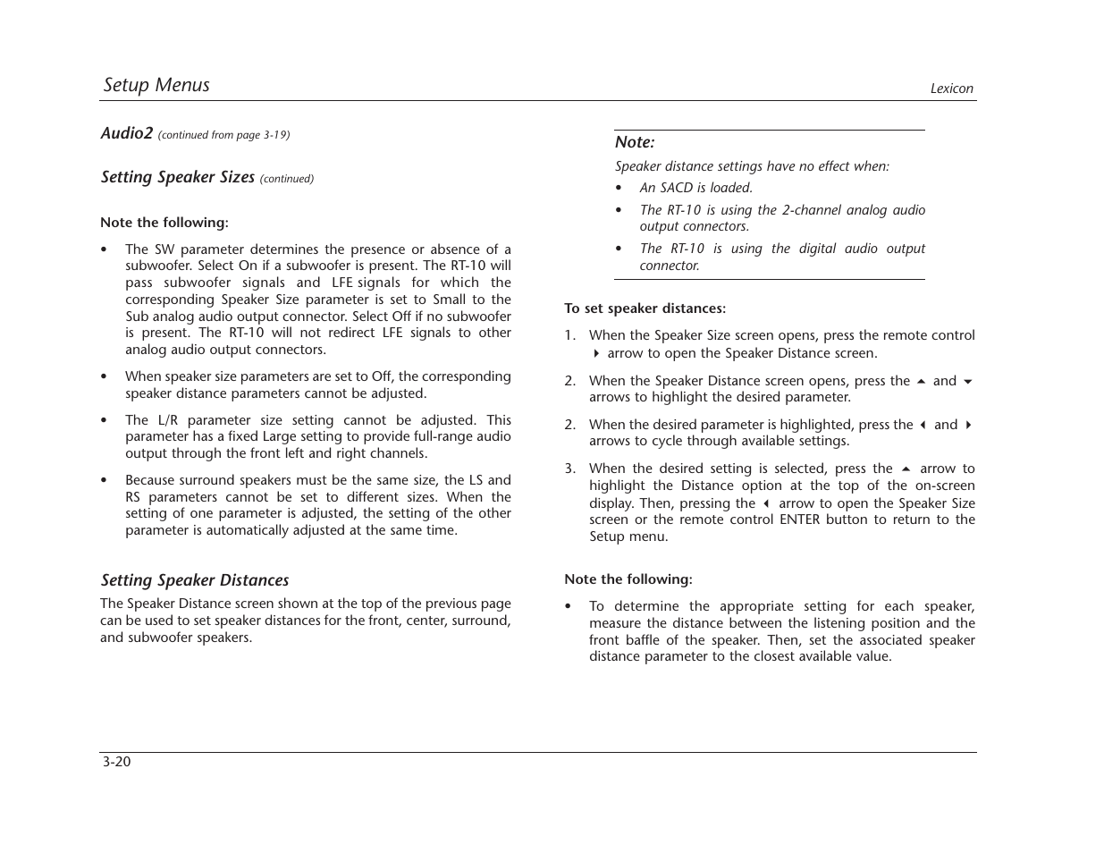 Setup menus | Lexicon RT-10 User Manual | Page 60 / 172