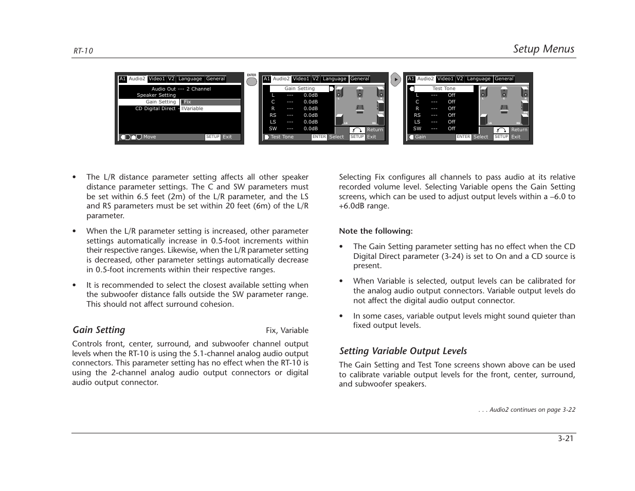 Setup menus, Gain setting, Setting variable output levels | Lexicon RT-10 User Manual | Page 61 / 172