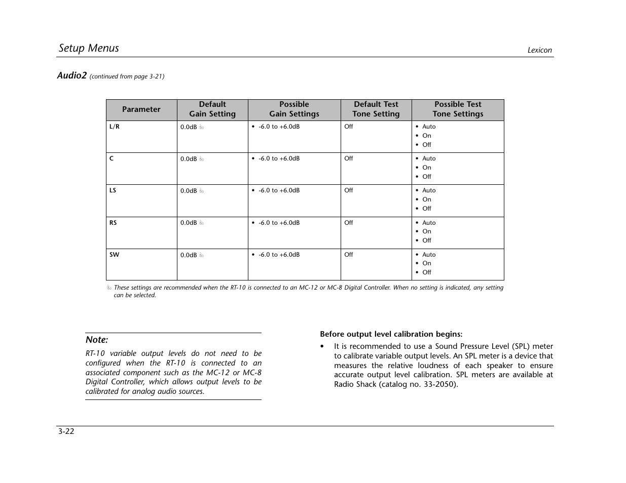 Setup menus, Audio2 | Lexicon RT-10 User Manual | Page 62 / 172