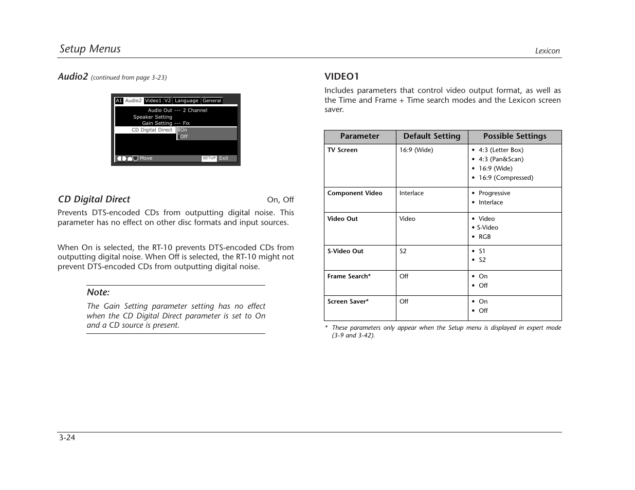 Setup menus, Video1, Cd digital direct | Audio2 | Lexicon RT-10 User Manual | Page 64 / 172