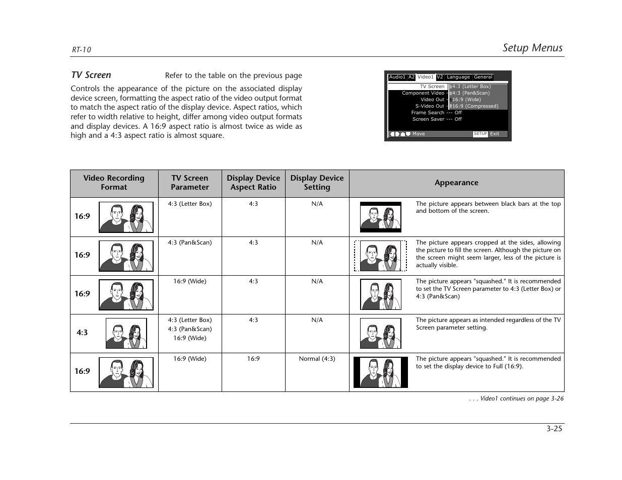 Setup menus, Tv screen | Lexicon RT-10 User Manual | Page 65 / 172