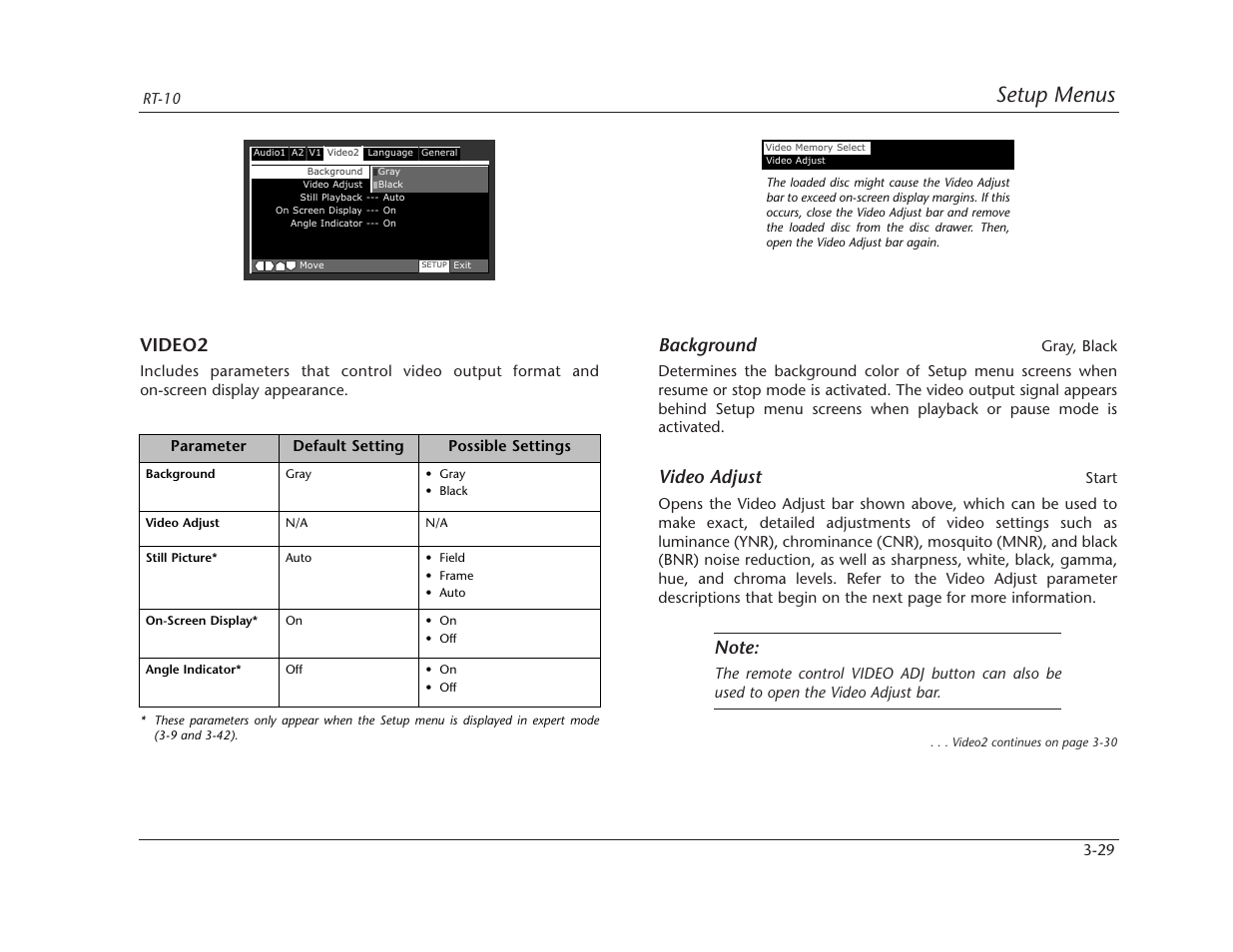 Setup menus, Video2, Background | Video adjust | Lexicon RT-10 User Manual | Page 69 / 172