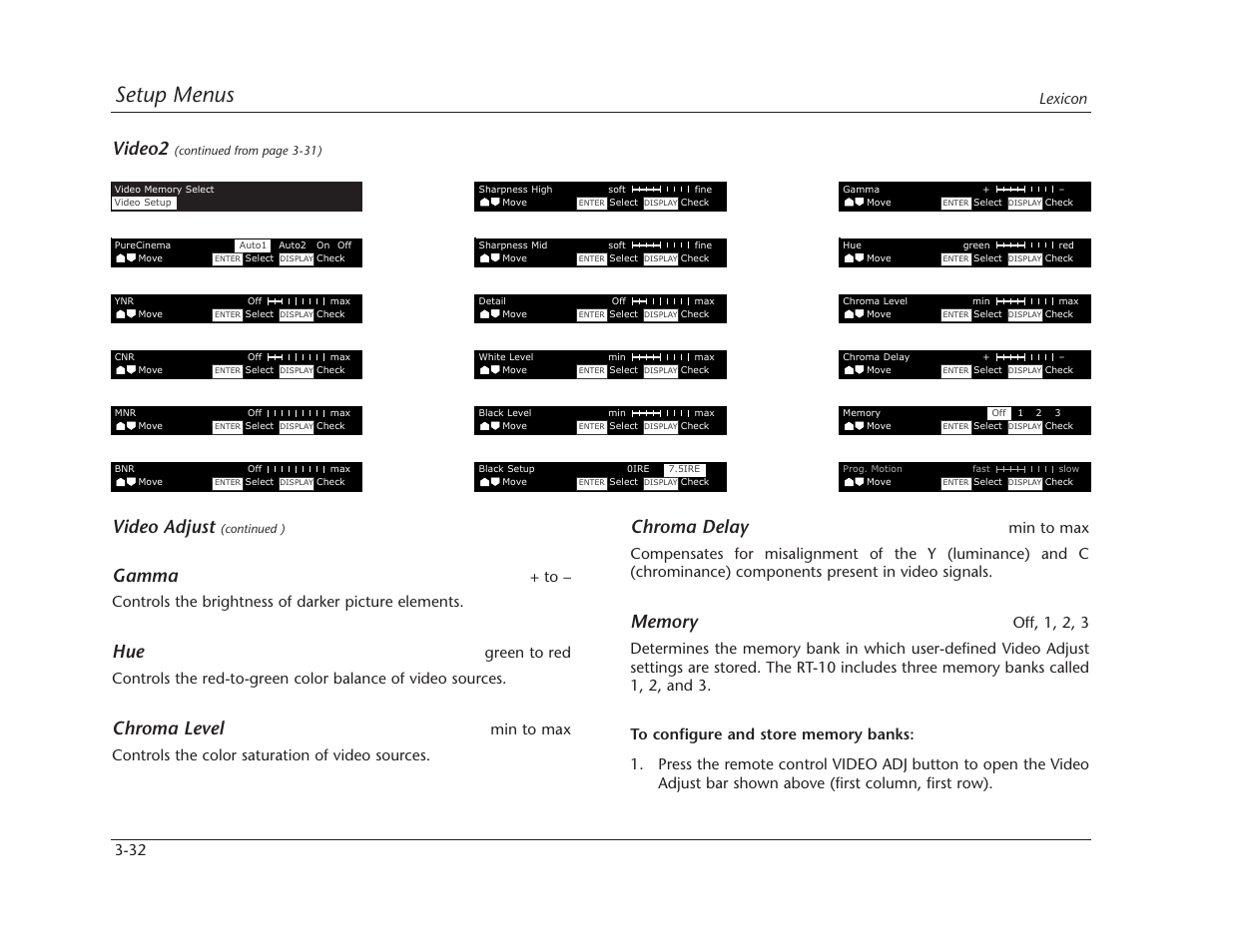 Setup menus, Chroma delay, Video adjust | Gamma, Chroma level, Video2, Lexicon 3-32 | Lexicon RT-10 User Manual | Page 72 / 172