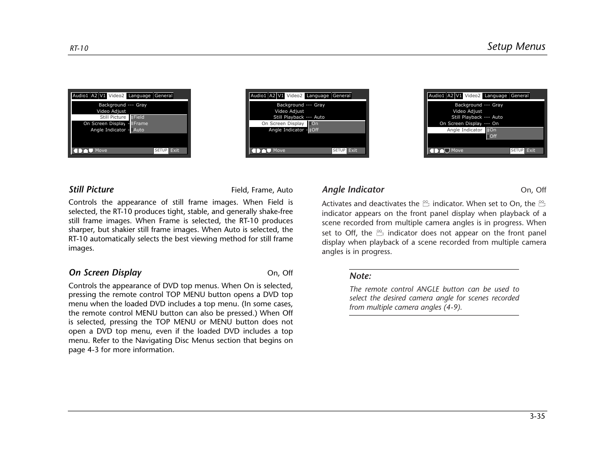 Setup menus, Angle indicator, Still picture | On screen display | Lexicon RT-10 User Manual | Page 75 / 172