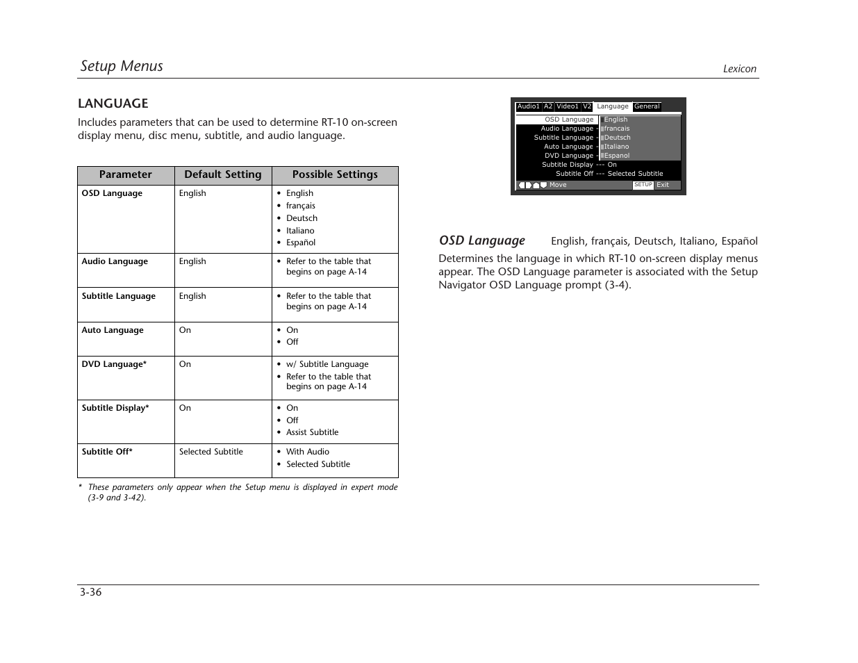 Setup menus, Osd language, Language | Lexicon RT-10 User Manual | Page 76 / 172