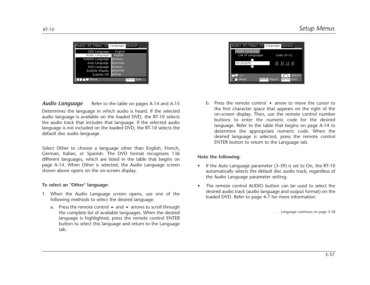 Setup menus, Audio language | Lexicon RT-10 User Manual | Page 77 / 172