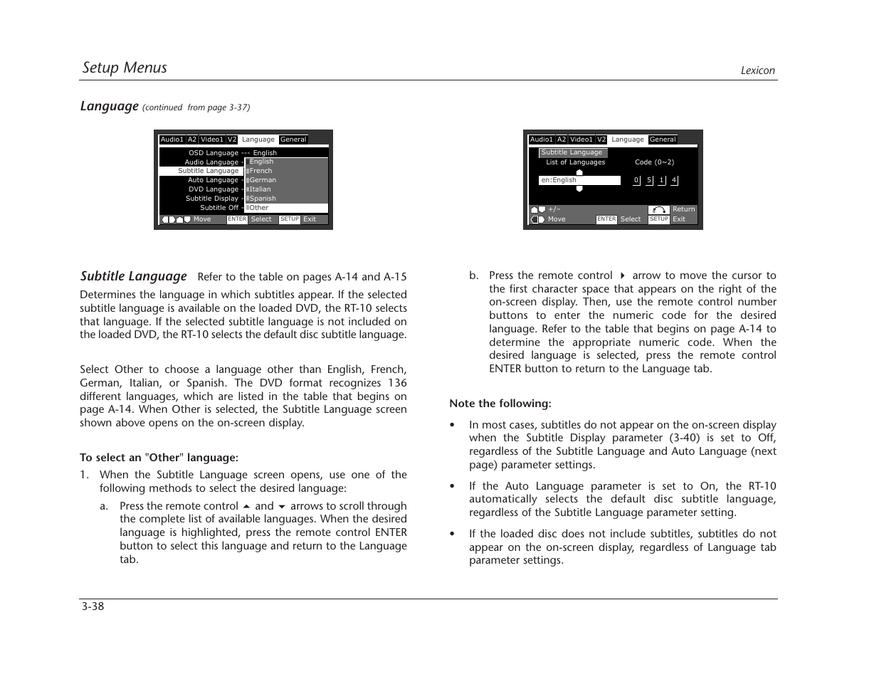 Setup menus, Subtitle language, Language | Lexicon RT-10 User Manual | Page 78 / 172