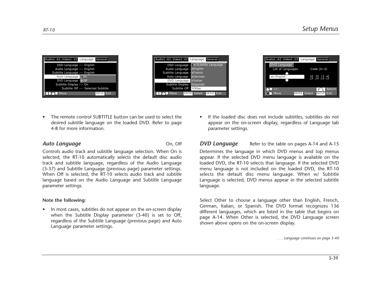 Setup menus, Auto language, Dvd language | Lexicon RT-10 User Manual | Page 79 / 172
