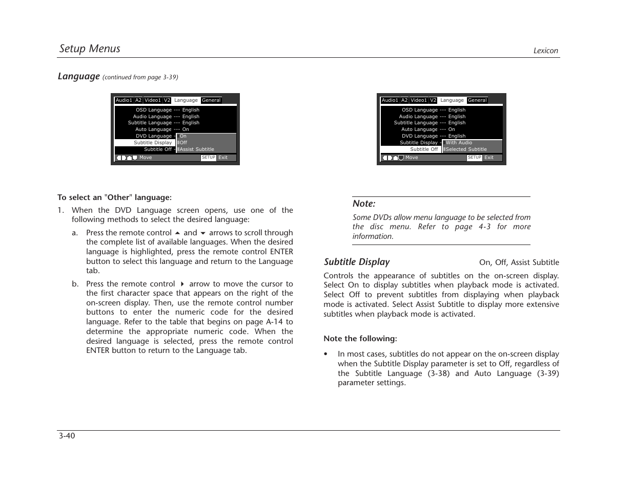 Setup menus, Subtitle display, Language | Lexicon RT-10 User Manual | Page 80 / 172