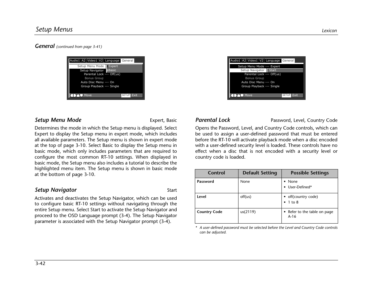Setup menus, Parental lock, Setup menu mode | Setup navigator, General | Lexicon RT-10 User Manual | Page 82 / 172