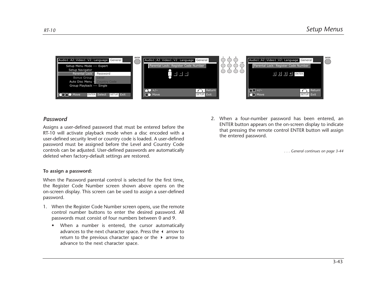 Setup menus, Password | Lexicon RT-10 User Manual | Page 83 / 172