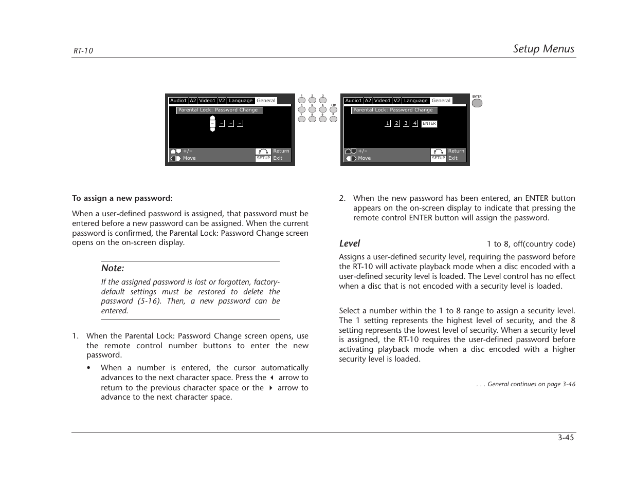 Setup menus, Level | Lexicon RT-10 User Manual | Page 85 / 172