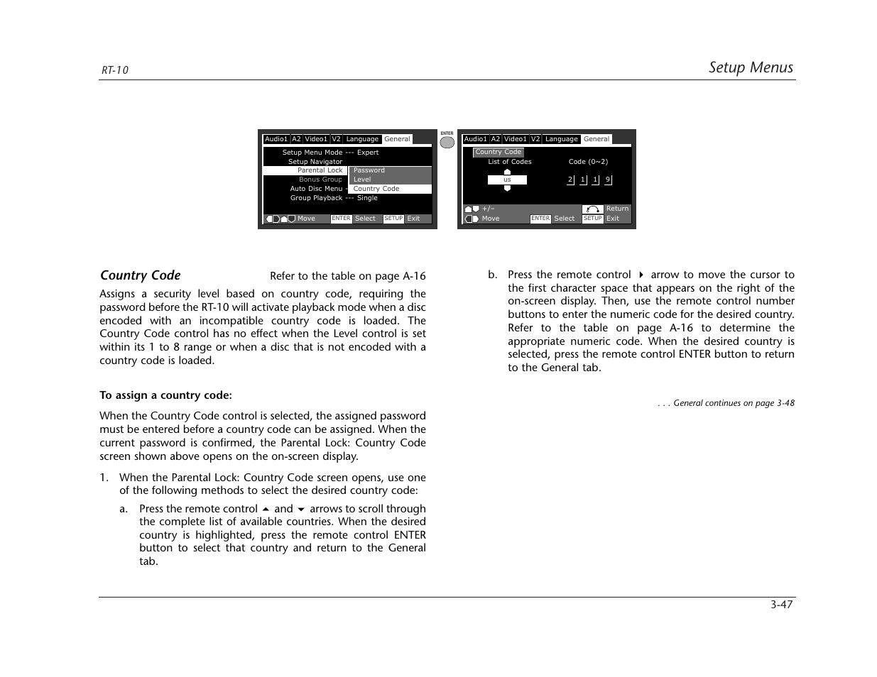 Setup menus, Country code | Lexicon RT-10 User Manual | Page 87 / 172