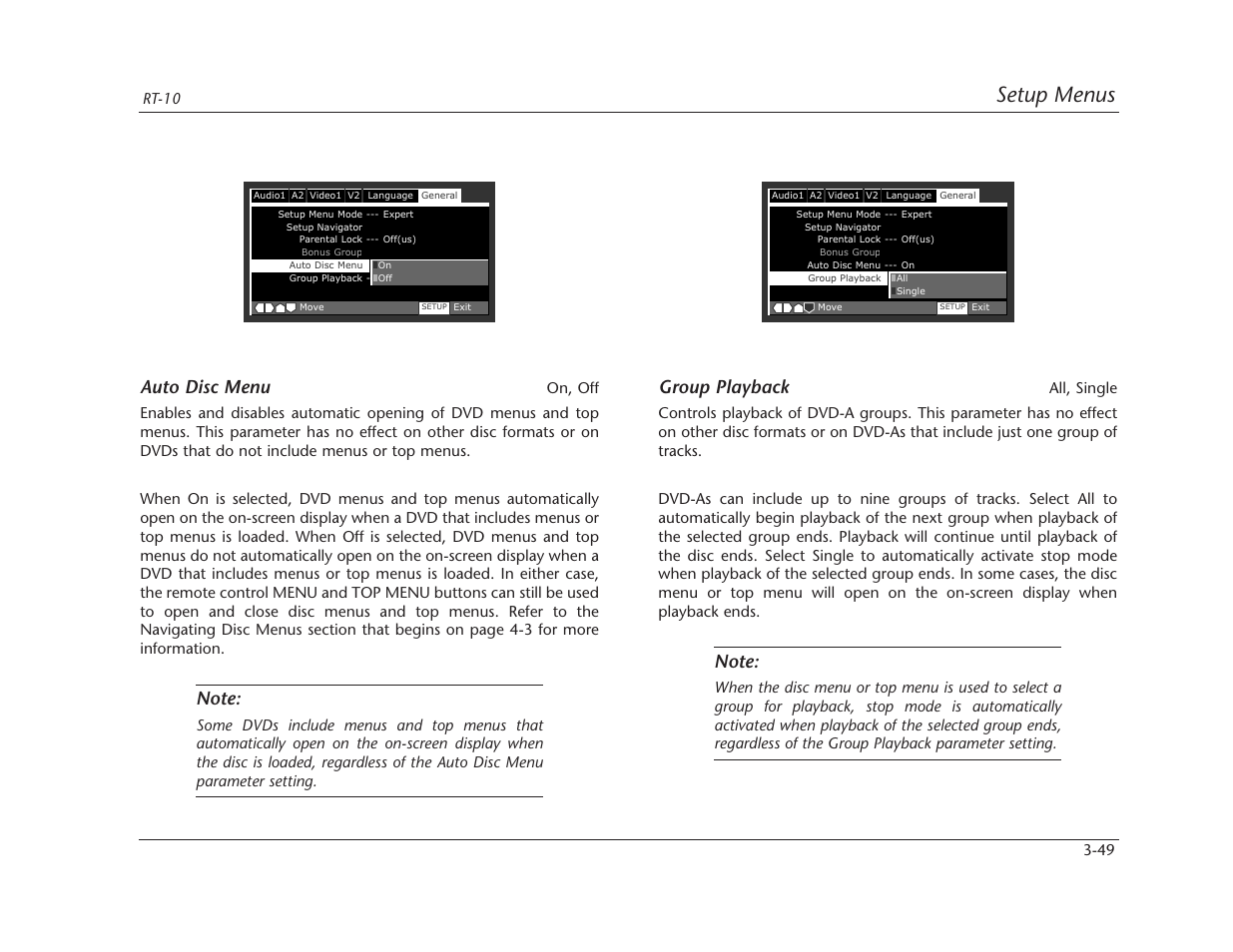 Setup menus, Auto disc menu, Group playback | Lexicon RT-10 User Manual | Page 89 / 172