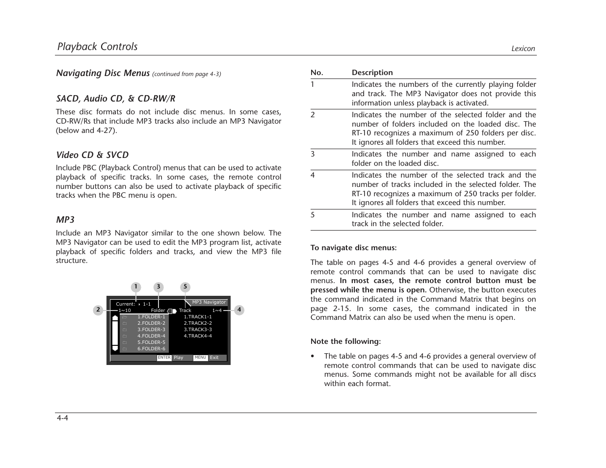 Playback controls, Navigating disc menus, Sacd, audio cd, & cd-rw/r | Video cd & svcd | Lexicon RT-10 User Manual | Page 97 / 172