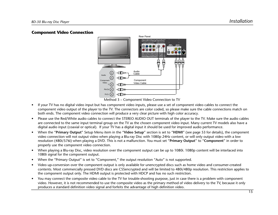 Installation, Component video connection | Lexicon Blu Ray Disc Player BD-30 User Manual | Page 19 / 92