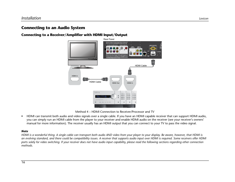 Connecting to an audio system, Installation | Lexicon Blu Ray Disc Player BD-30 User Manual | Page 20 / 92