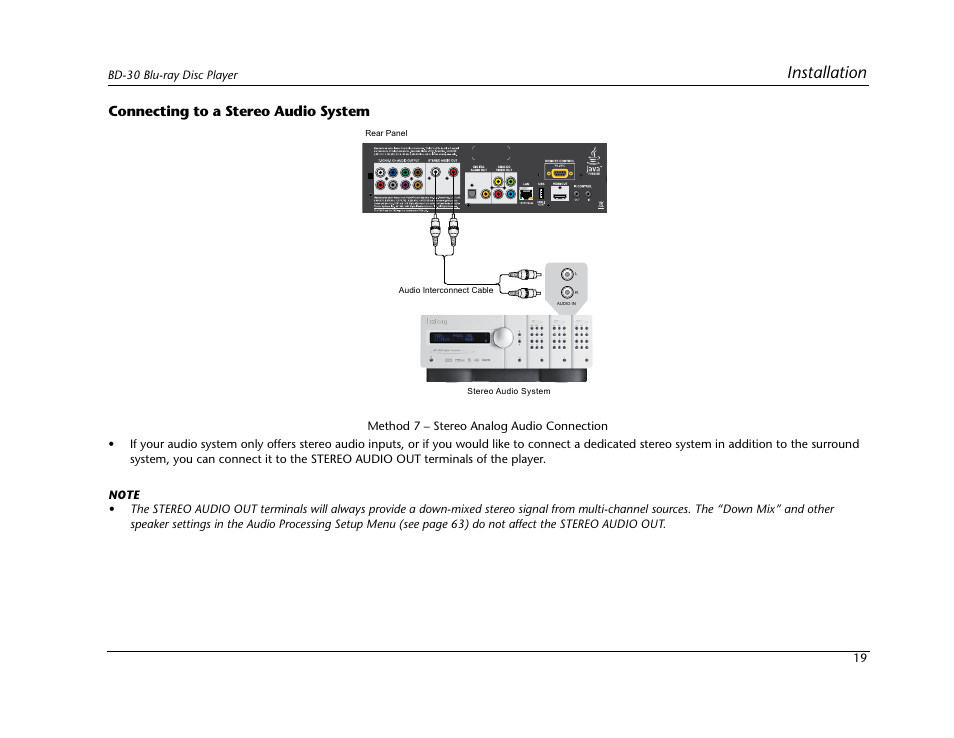 Installation, Connecting to a stereo audio system | Lexicon Blu Ray Disc Player BD-30 User Manual | Page 23 / 92