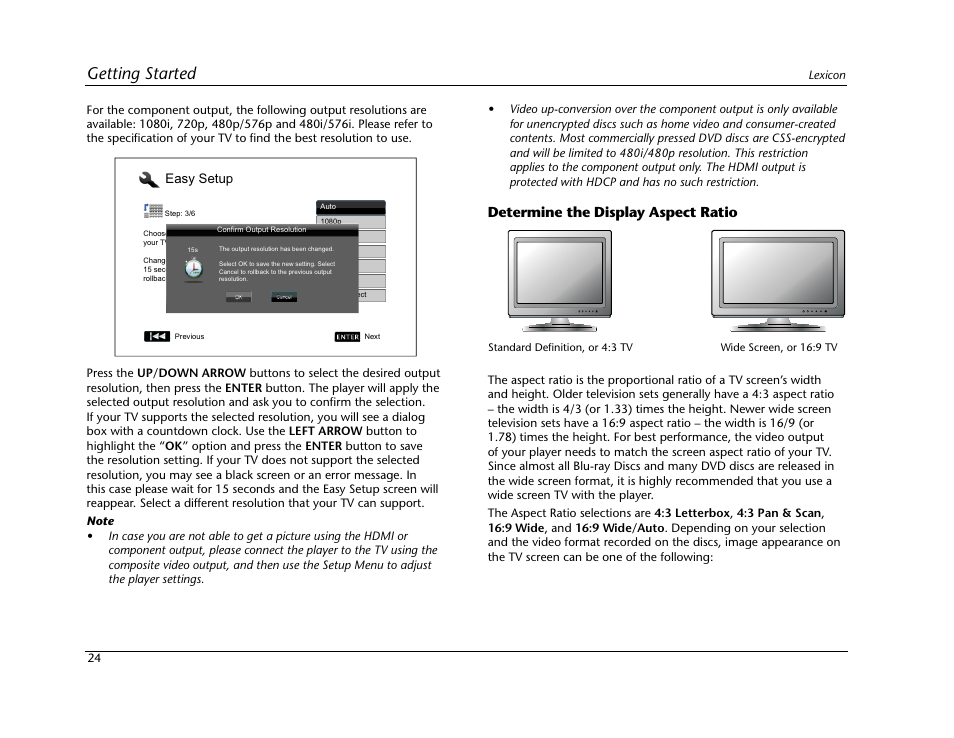 Getting started, Determine the display aspect ratio | Lexicon Blu Ray Disc Player BD-30 User Manual | Page 28 / 92