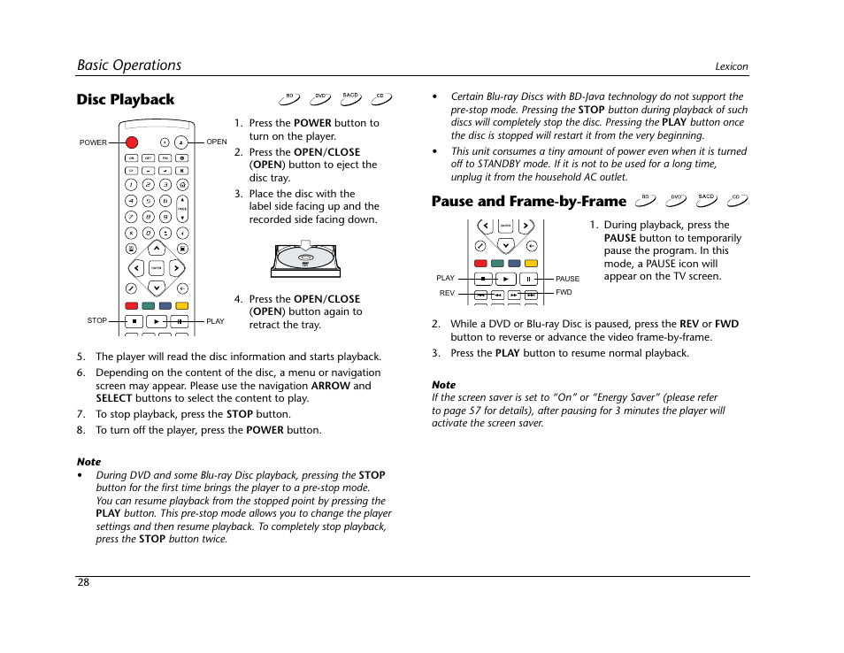 Disc playback, Pause and frame-by-frame, Basic operations | Lexicon Blu Ray Disc Player BD-30 User Manual | Page 32 / 92